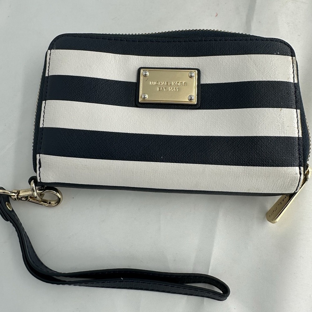 Michael Kors Navy & White Striped Zip-Around Wristlet Wallet w/ Wrist Strap